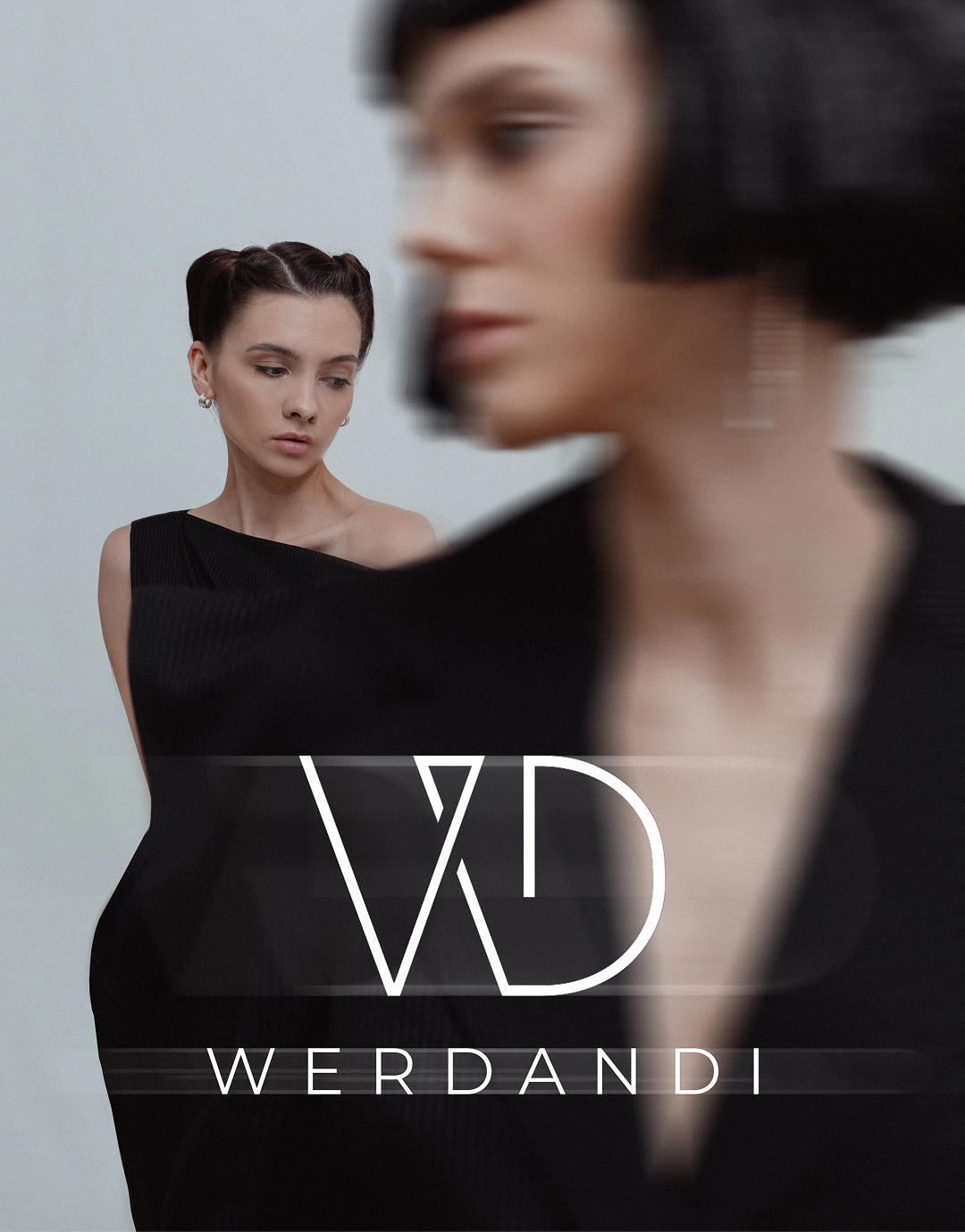 Black dress editorial portrait with brand mark